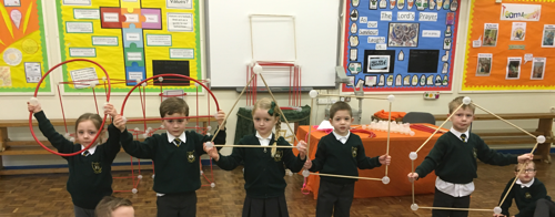 Children holiding 2D shapes in order of the number of sides they each have